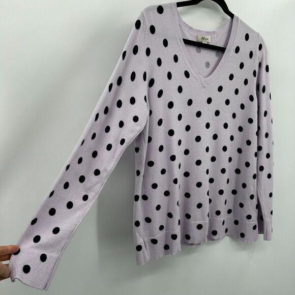 STYLE & CO. Lavender Purple Black Polka Dot V-Neck Cozy Sweater Size Large - Picture 4 of 6